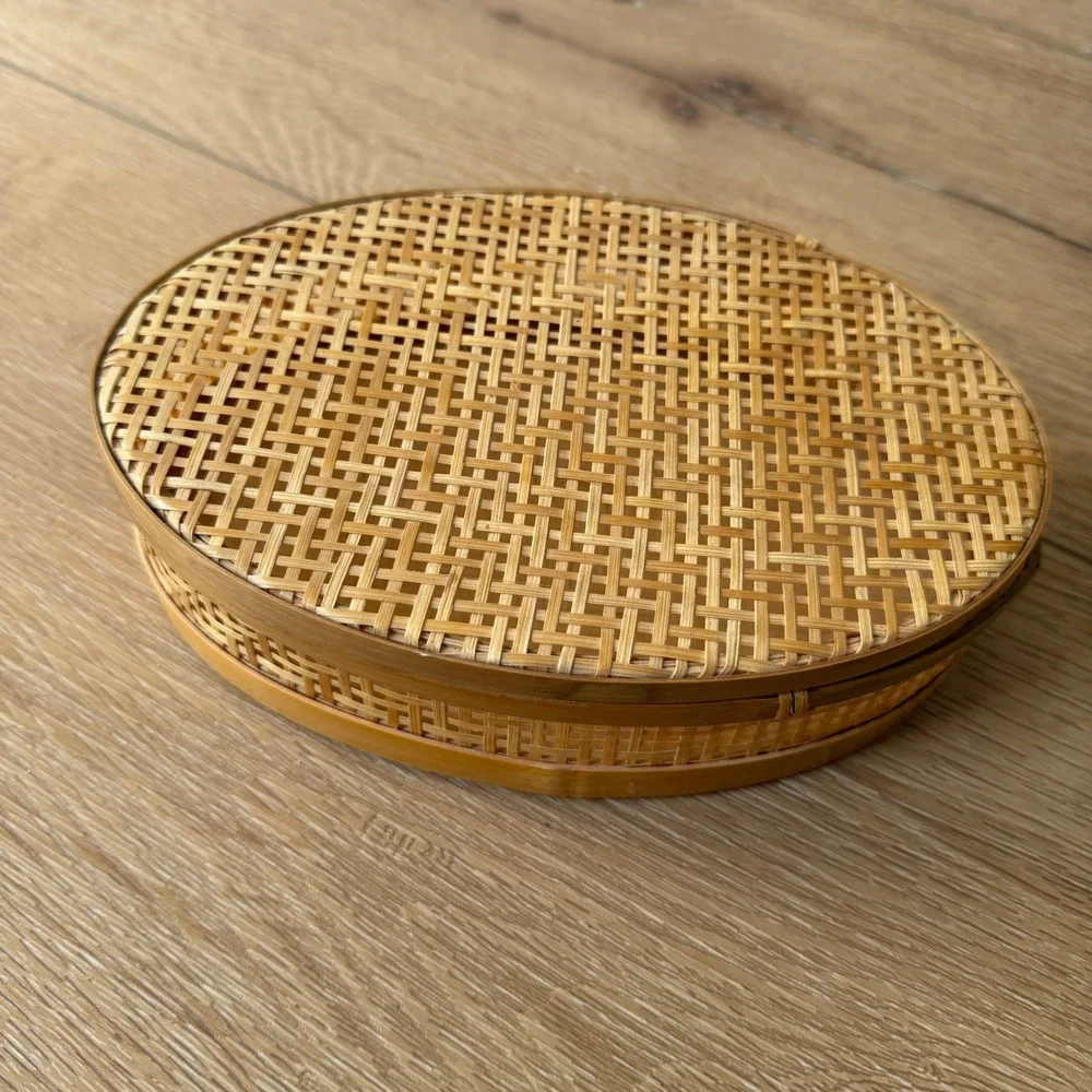 Vintage Woven Bamboo Oval Trinket Box with Lid Natural Wood Boho Storage 7.5in